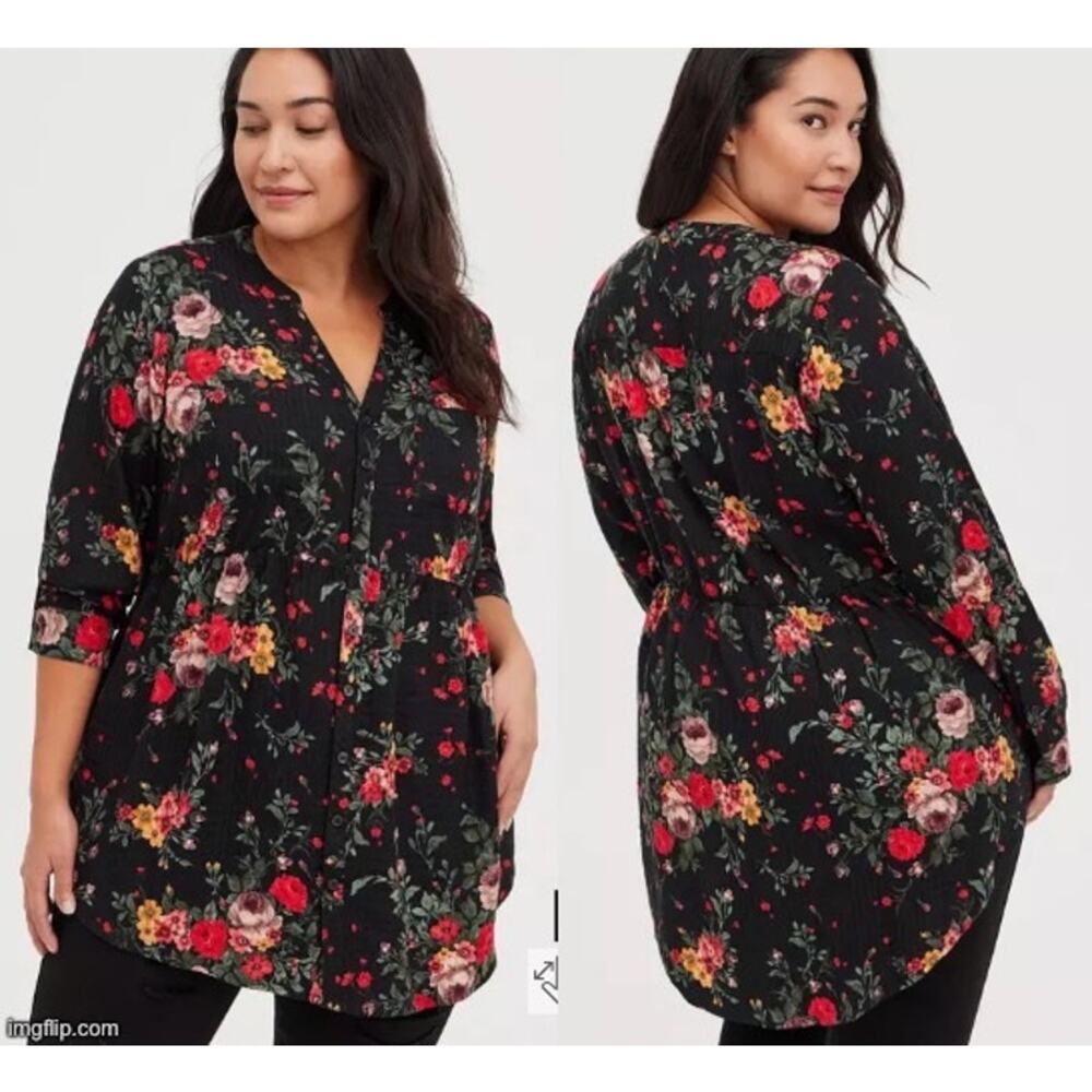 Torrid Women's 2X Vanity 2 Emma Babydoll Crinkle Gauze L/S Floral Tunic Blouse